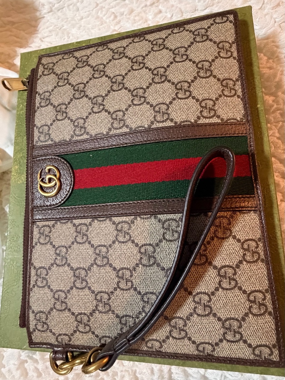 AUTHENTIC Gucci Beige GG Supreme Canvas Wristlet